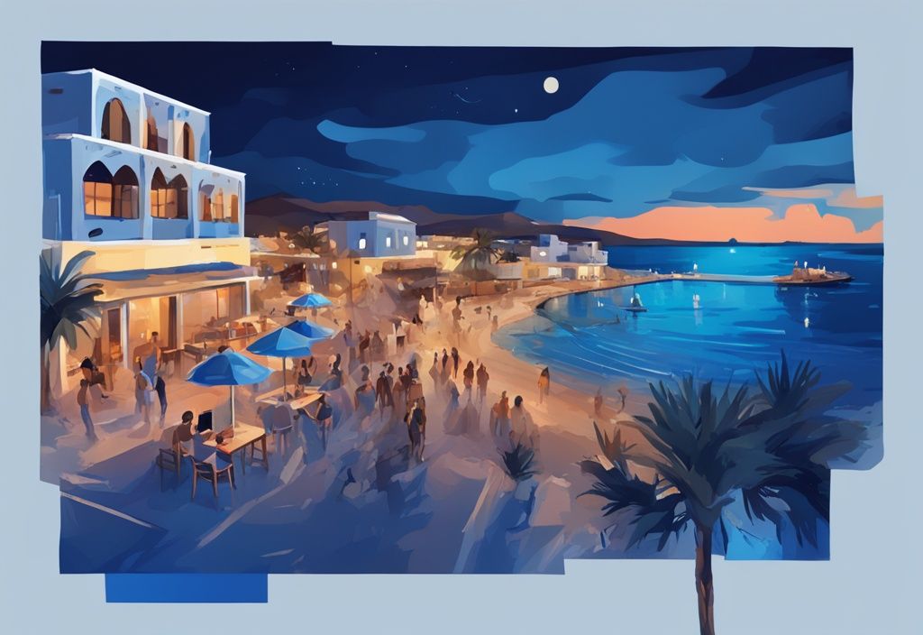 Modern digital painting of Ayia Napa nightlife, pristine beaches, and iconic Ayia Napa Monastery, showcasing what Ayia Napa is known for.