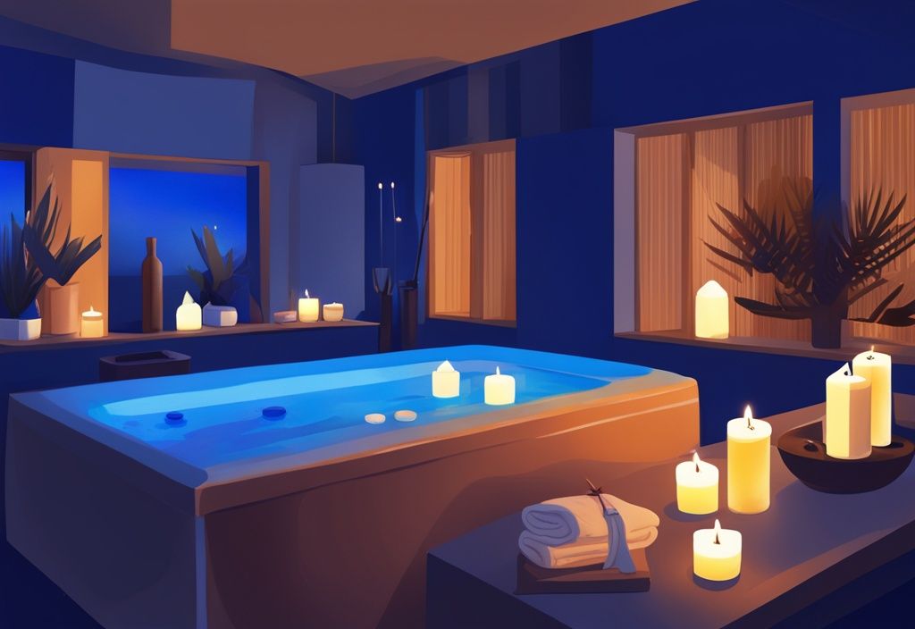 Serene spa setting in Ayia Napa with dimmed lights, scented candles, and massage oils, hinting at an erotic massage Ayia Napa experience, modern digital painting illustration with a blue theme.