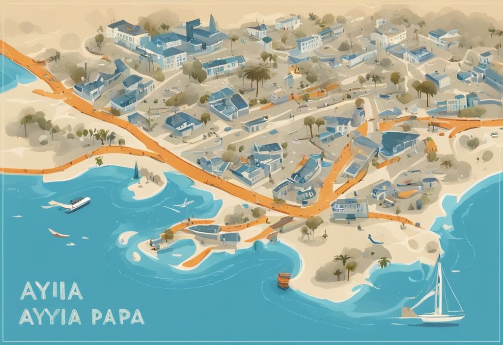 Modern digital painting illustration of a picturesque route map detailing how to get from Ayia Napa to Nicosia, highlighting popular landmarks and modes of transport, with a blue color theme.