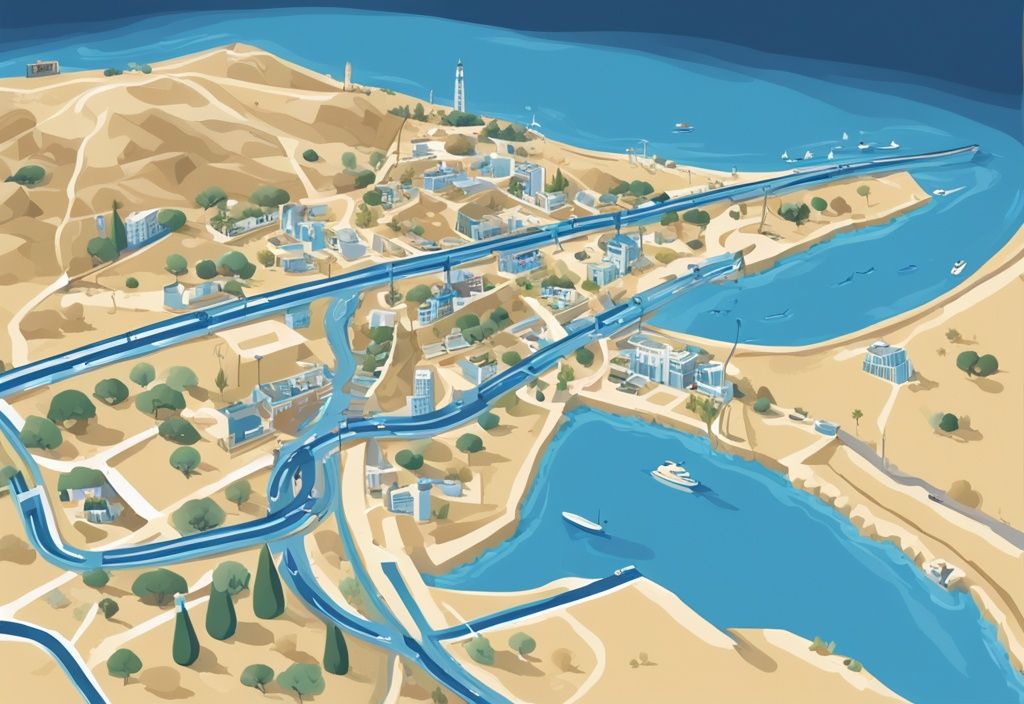 Scenic route map from Ayia Napa to Nicosia, highlighting landmarks and transportation, modern digital painting, blue color theme