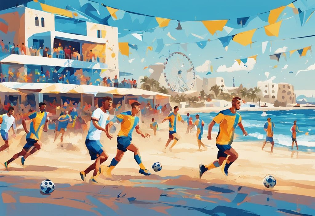 Modern digital painting of soccer players on a sunny beach in Ayia Napa with iconic landmarks and festive decorations, blue color theme.