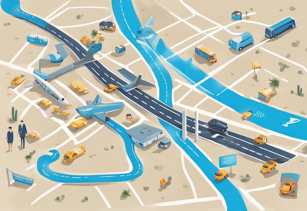 Route from Ayia Napa to Larnaca airport with transportation options including bus, taxi, and car rental icons on a blue-themed digital map illustration.