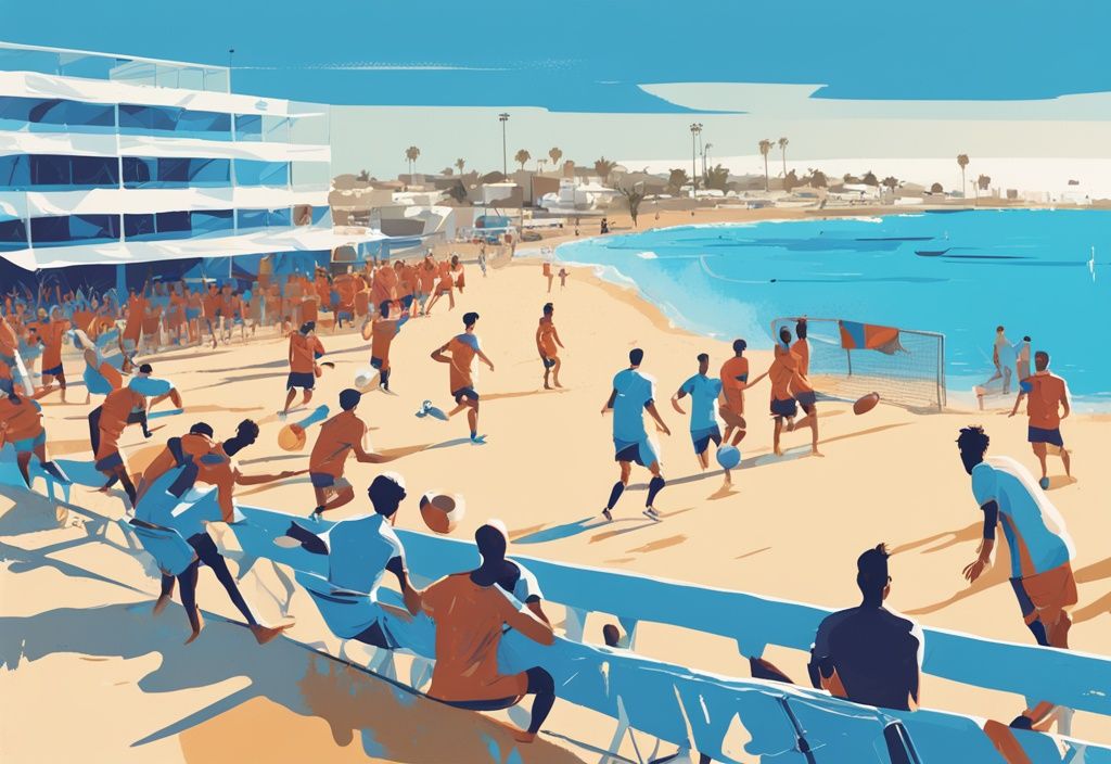 Modern digital painting of a vibrant soccer match on a sunny beach with Ayia Napa coastline, Ayia Napa soccer festival.