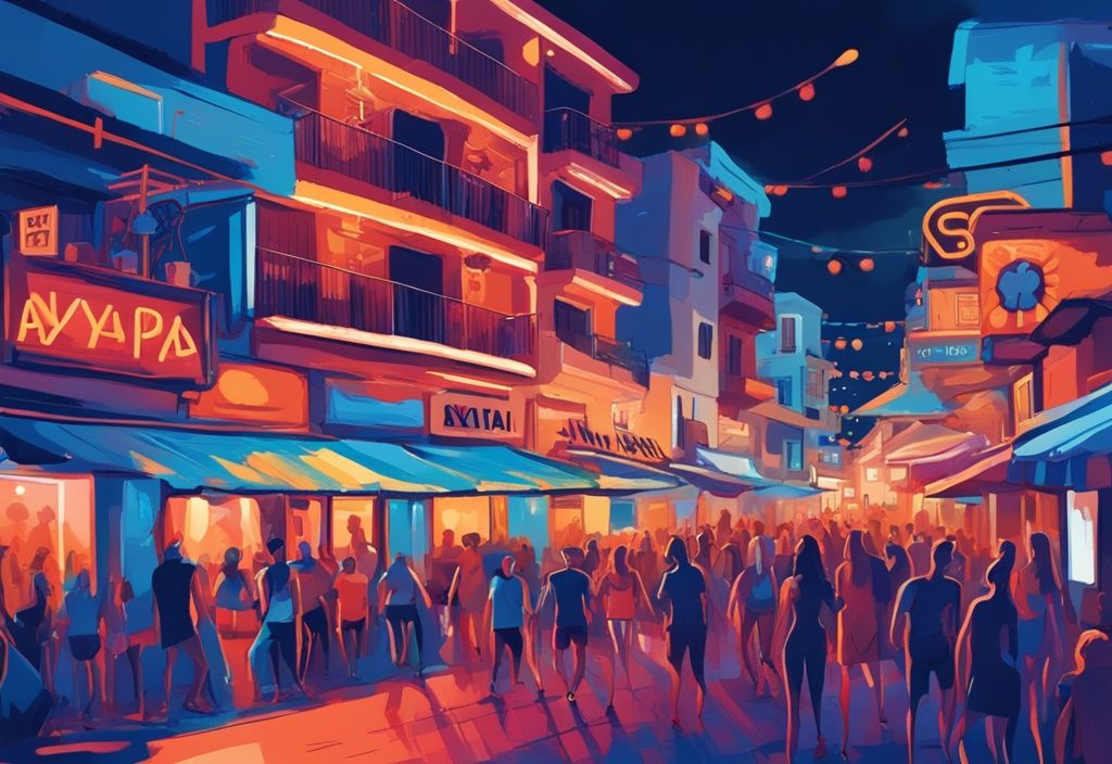 Bustling nightlife scene in Ayia Napa with neon-lit bars, clubs, and tourists, modern digital painting in blue theme