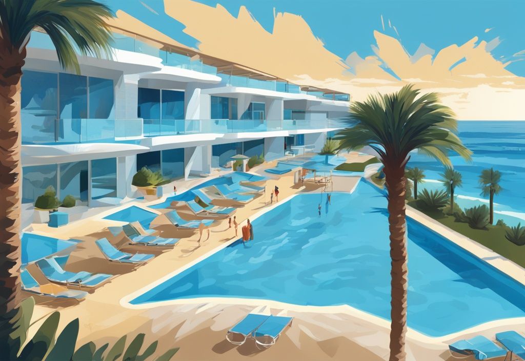 Modern digital painting of Olympic Lagoon Resort Ayia Napa with blue theme, luxurious pools, tropical palm trees, and beachfront location.