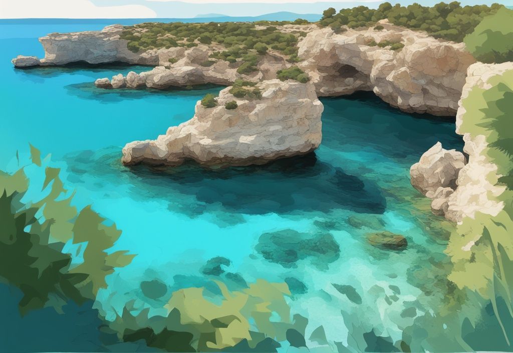 Modern digital painting of Blue Lagoon Ayia Napa with turquoise waters, rocky cliffs, and lush greenery.