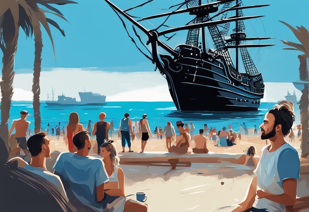 Modern digital painting of the Black Pearl pirate ship in Ayia Napa, Cyprus with tourists on board and the blue sea in the background - Black Pearl review Ayia Napa.