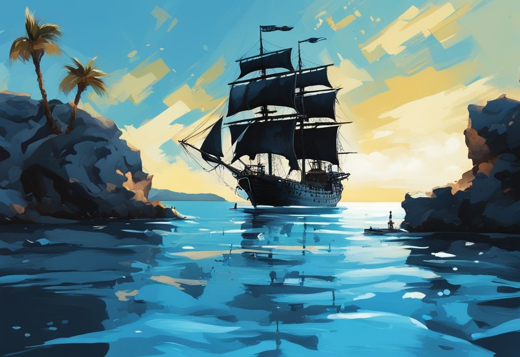 Modern digital painting of the Black Pearl pirate ship sailing on clear waters in Ayia Napa under a bright blue sky.