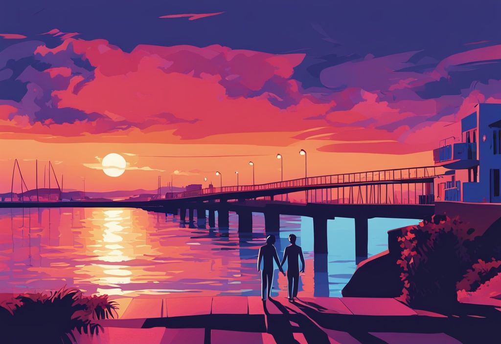 Modern digital painting of Love Bridge in Ayia Napa at sunset with romantic couple standing on it, blue color theme